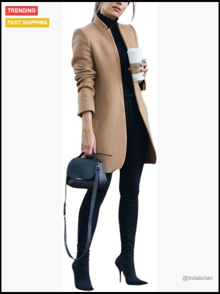 Stand Collar Open Front Pea Coat Casual Winter Warm Mid Long Blazer Trench Coat